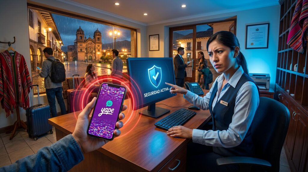 Recepción de hotel en alerta detectando una posible estafa de pago digital falso con celular