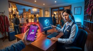 Recepción de hotel en alerta detectando una posible estafa de pago digital falso con celular