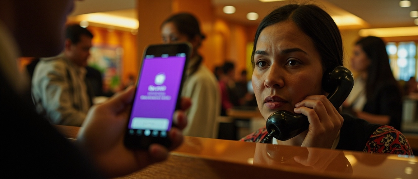 Recepcionista de hotel usando software de gestión Xafiro para verificar pagos y cuadrar caja.