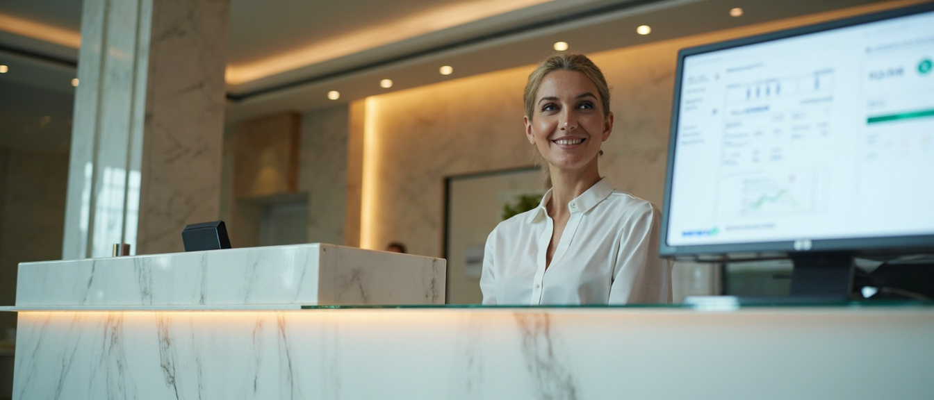 Recepcionista de hotel usando software de gestión Xafiro para verificar pagos y cuadrar caja