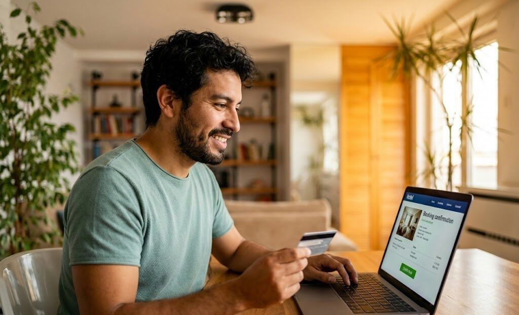 Turista peruano planificando viaje y reservando hotel directamente desde su laptop sin agencias