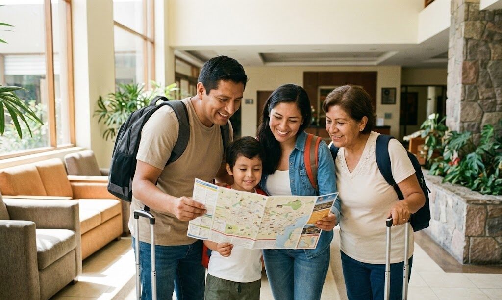 Familia peruana multigeneracional con niños y abuelos haciendo check-in en recepción de hotel