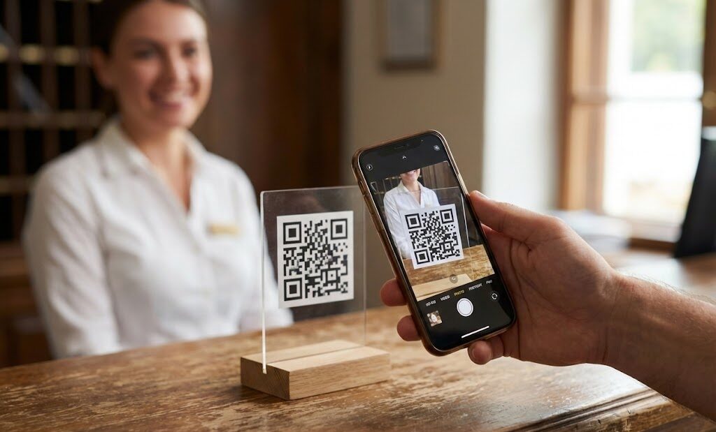 Huésped realizando pago sin contacto con código QR y billetera digital en mostrador de hotel