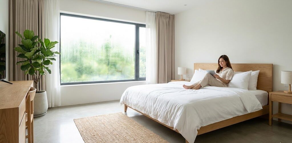 Habitación de hotel impecable y moderna con huésped conectado a WiFi rápido en tablet