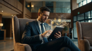 Gerente de hotel analizando fugas de dinero y rentabilidad en la recepción.
