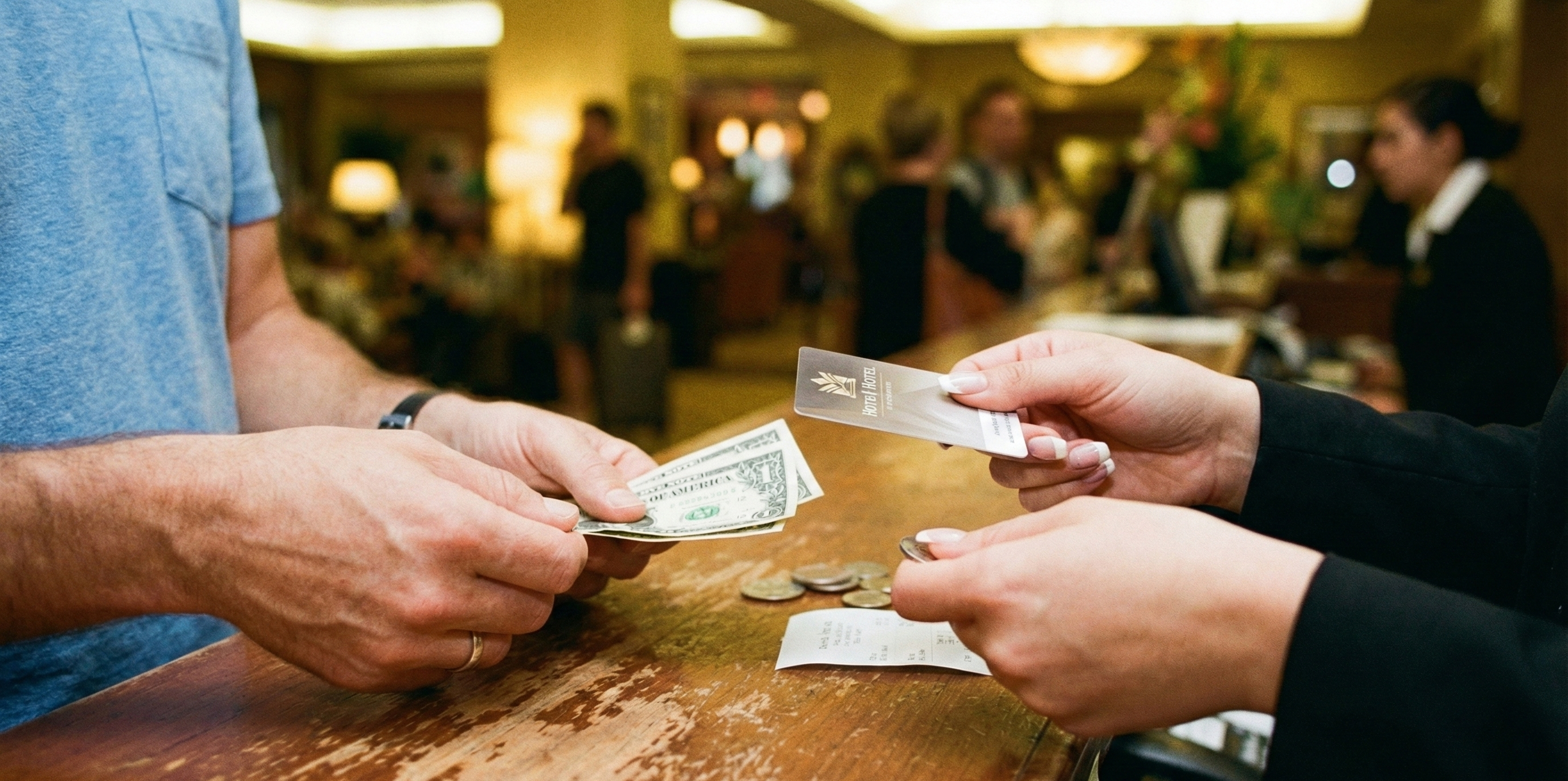 Cobro informal de late check-out en efectivo en recepción de hotel.