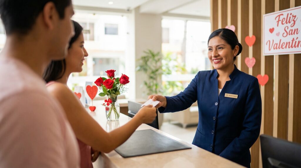 Recepcionista de hotel recibiendo en San Valentin