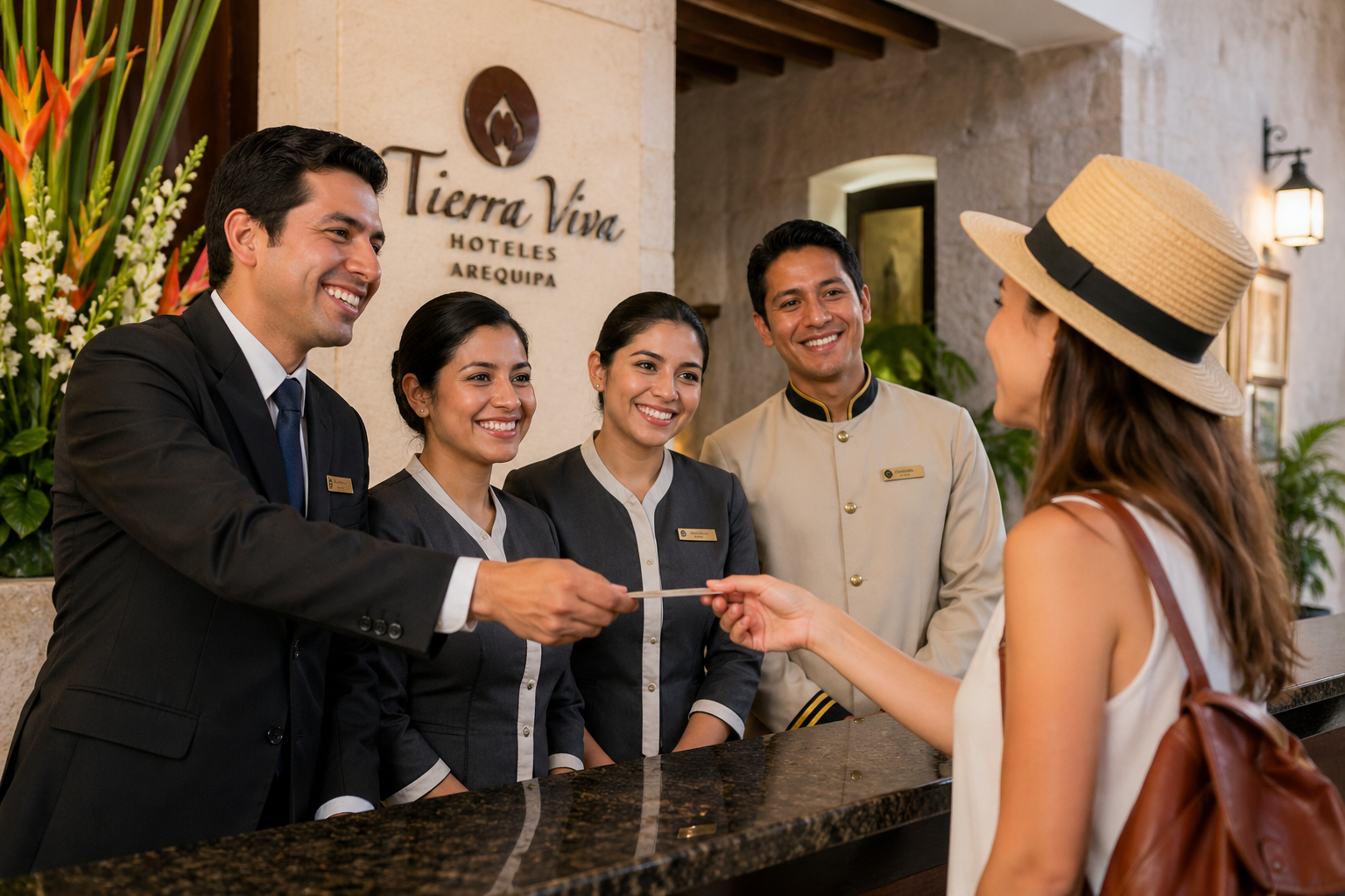 Personal de hotel atendiendo feliz