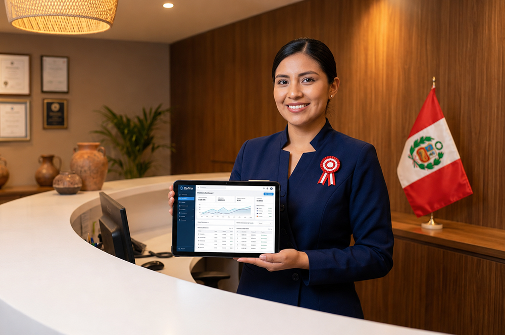 Recepcionista peruana usando sistema hotelero xafiro